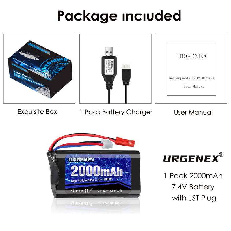 Load image into Gallery viewer, URGENEX 2S RC Battery 2000mAh 7.4 V Li-ion Battery with JST Plug 2S Rechargeable RC Battery with USB Charger Fit for RC Helicopter Car Truck and RC Boats
