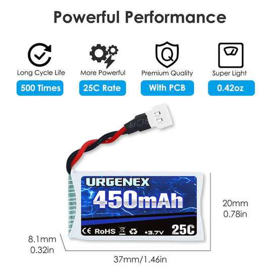 URGENEX 3.7V Drone Battery 450mAh 25C 1S Lipo Battery Fit for SYMA Holy Stone Drone Quadcopter Aircraft Parts 5PCS RC Battery with 5in1 Charger