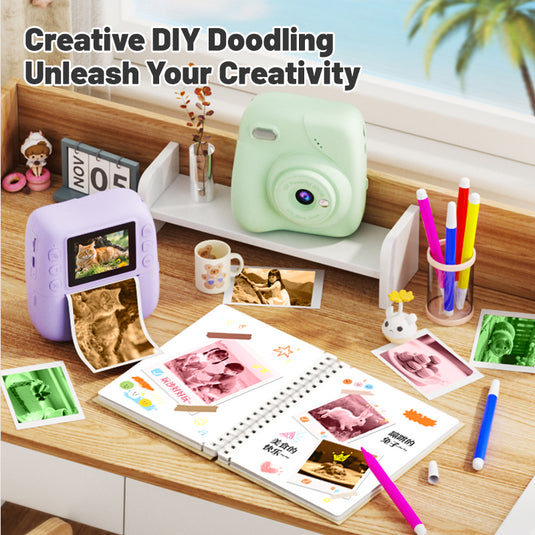 Instant Print Camera for Kids, 1080P HD Digital Video Camera with 10X Digital Zoom, 2.4-inch Screen, Portable MP3 Player, Zero Ink Thermal Paper, Creative DIY Birthday Gift for Boys and Girls