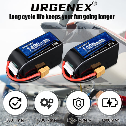 URGENEX 6S Lipo Battery 1400mAh 22.2V 100C with XT60 Plug RC Battery Fit for RC FPV Racing Drone Quadcopter Helicopter Airplane Racing Models