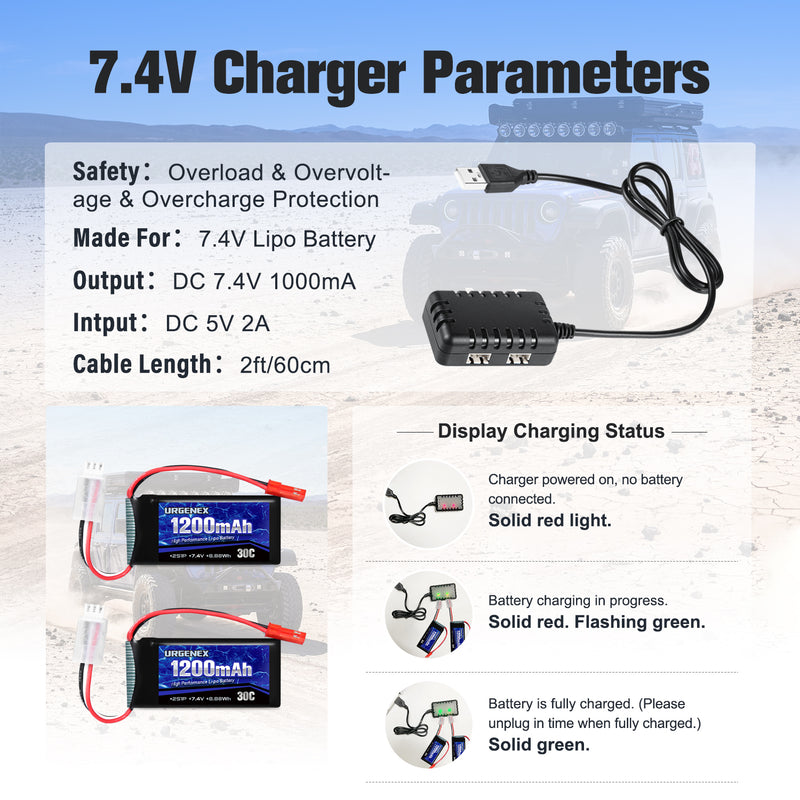 Load image into Gallery viewer, URGENEX 7.4V 1200mAh RC Car Battery, Rechargeable Lipo Battery with JST Plug 1200mAh 30C
