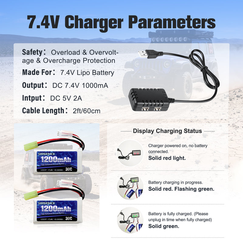Load image into Gallery viewer, 7.4V Lipo Battery 1200mAh with Mini Tamiya Plug 2S 30C 8.88Wh Rechargeable Lipo Battery Campatibal with DEERC 302E/E300 1/18 Scale 9300 9310 300E RC Car Truck with USB Charger Cable 2 Pack
