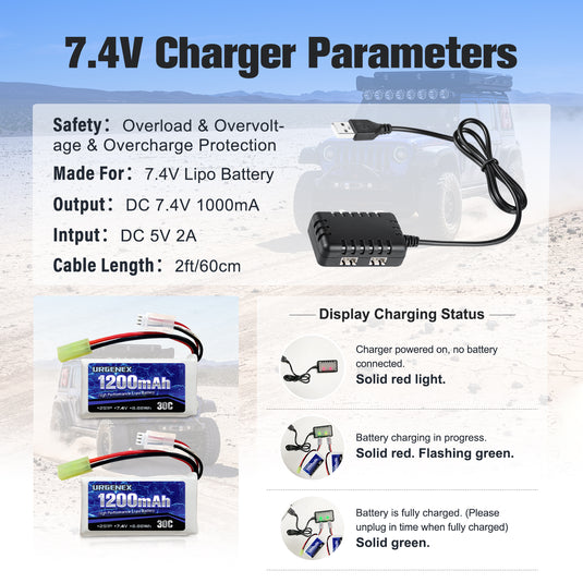 7.4V Lipo Battery 1200mAh with Mini Tamiya Plug 2S 30C 8.88Wh Rechargeable Lipo Battery Campatibal with DEERC 302E/E300 1/18 Scale 9300 9310 300E RC Car Truck with USB Charger Cable 2 Pack