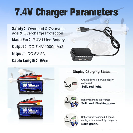 URGENEX TX16S Battery 5500mAh High Capacity 7.4V 2S Li-ion Battery with XT30&JST Dual Plug Fit for Boxer/TX16S Remote Controller, TX18S, RC4GS, RC6GS, TX12 RC Transmitter Compatible with RC Car Truck