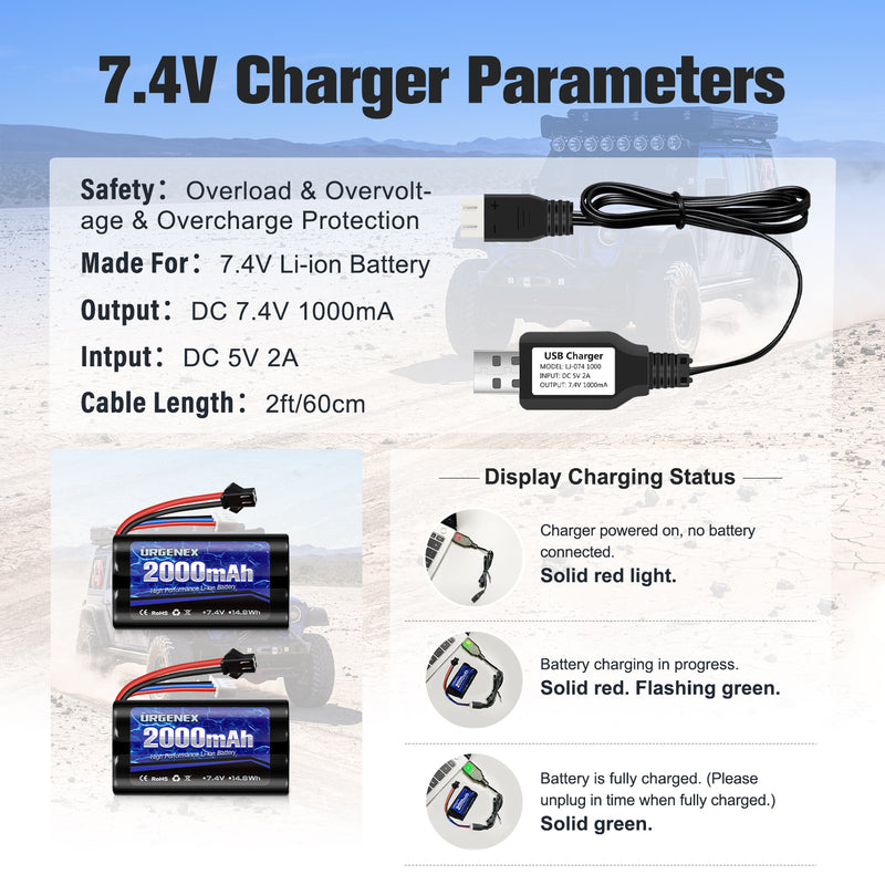 Load image into Gallery viewer, 7.4V Li-ion Battery 2000mAh 2S Battery with SM 2P Plug High Capacity for Remote Control RC Boat 2 Pack H101 RC Batteries with 2*USB Chargers

