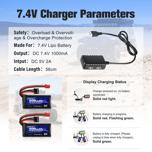 URGENEX 2S 30C 7.4V 200mAh Rechargeable Light Lipo Battery with PH2.0 Plug, Low Internal Efficient Energy Fit for Axial SCX30 Jeep Wrangler JLU, Ford Bronco & Chevrolet K10 RC Crawlers
