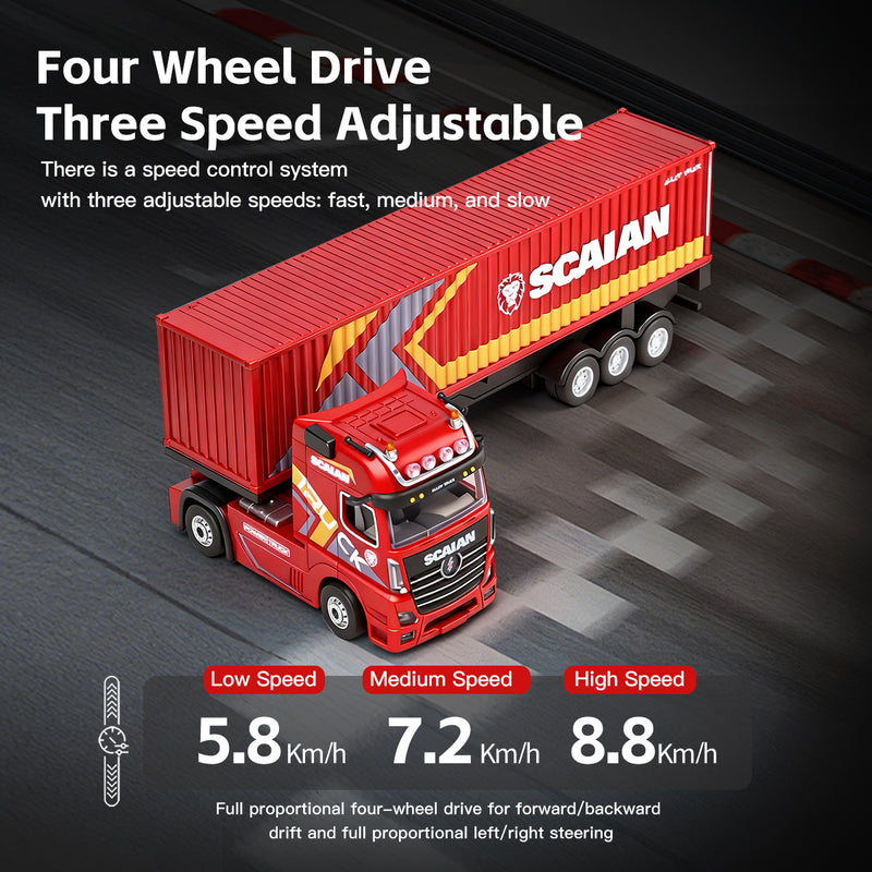Load image into Gallery viewer, WLtech XK 1:64 Remote Control Container Truck, 2.4G 4WD Mini RC Semi-Tractor Trailer with Detachable Cabinet, 3-Speed Adjustable Drift &amp; Racing Mode, LED Lights, Horn Sound &amp; Type-C Rechargeable
