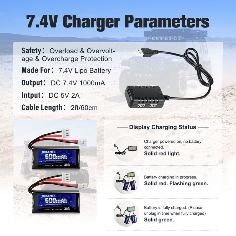 Load image into Gallery viewer, URGENEX FCX24 Battery 7.4V 600mAh 30C Lipo Battery with Molex Plug Fit for FMS FCX24 Atlas RC Car, Truck, Truggy 2S Rechargeable Li-Po Battery 2 Pack with 1 to 2 USB Charger
