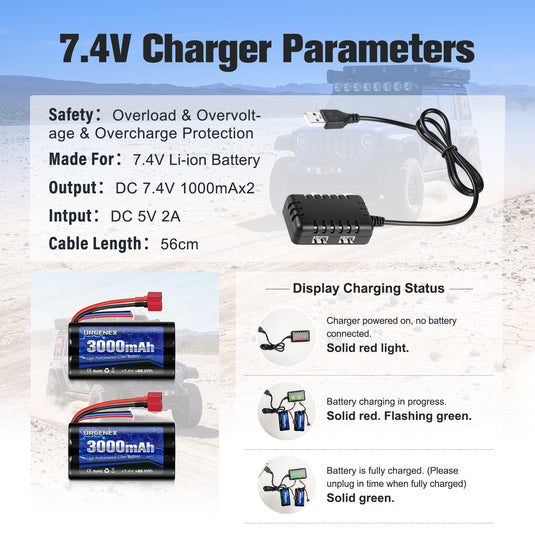 URGENEX 3000mAh 7.4 V Li-ion Battery with Deans T Plug 2S Rechargeable RC Battery Fit for WLtoys 4WD High Speed RC Cars and Most 1/10, 1/12, 1/16 Scale RC Cars Trucks with 7.4V Battery Charger