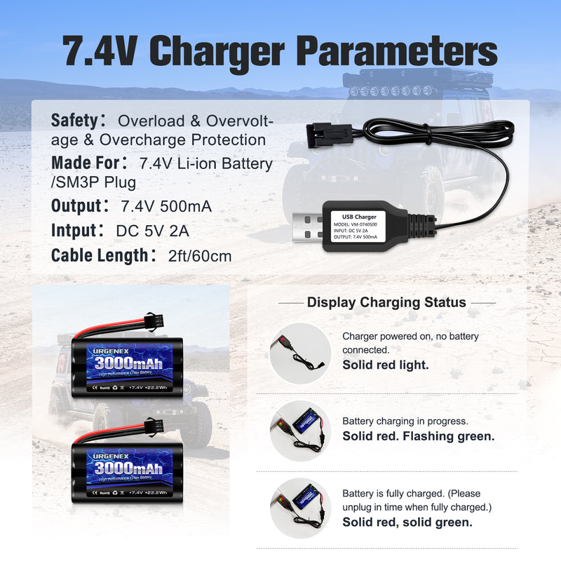 Load image into Gallery viewer, 2S RC Battery 3000mAh 7.4V Li-ion Battery with SM3P Plug 2S Rechargeable RC Battery with 2 USB Chargers Fit for RC Toys RC Car Truck and RC Tank
