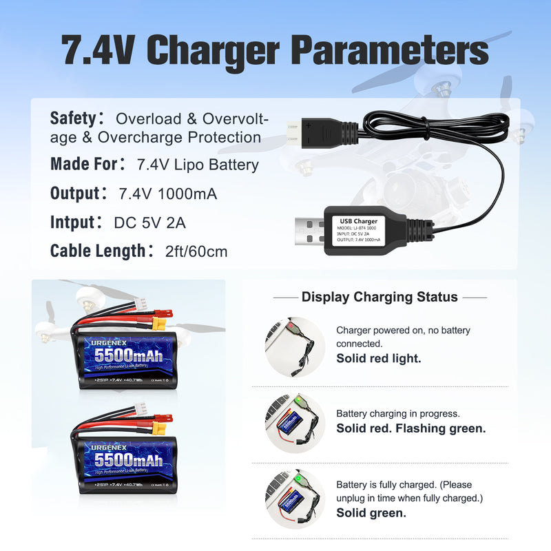 Load image into Gallery viewer, URGENEX TX16S Battery 5500mAh High Capacity 7.4V 2S Li-ion Battery with XT30&amp;JST Dual Plug Fit for Boxer/TX16S Remote Controller, TX18S, RC4GS, RC6GS, TX12 RC Transmitter Compatible with RC Car Truck
