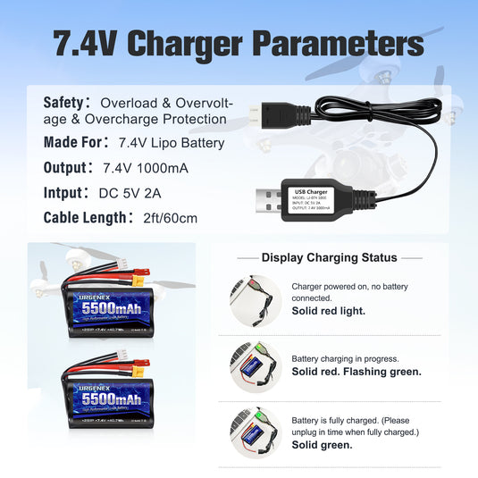 URGENEX TX16S Battery 5500mAh High Capacity 7.4V 2S Li-ion Battery with XT30&JST Dual Plug Fit for Boxer/TX16S Remote Controller, TX18S, RC4GS, RC6GS, TX12 RC Transmitter Compatible with RC Car Truck