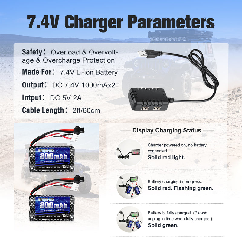 Load image into Gallery viewer, URGENEX 2 Pack 7.4V 800mAh 2S 15C Li-ion Battery  with 7.4V USB Chargers (Double Port)
