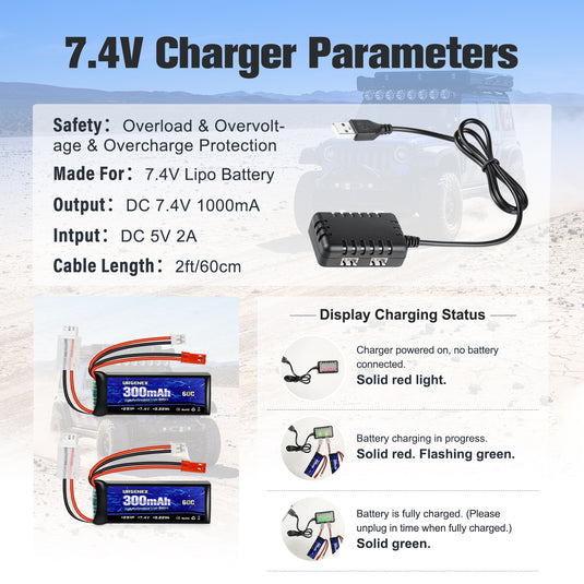 URGENEX SCX24 Battery 7.4V Lipos 2S 60C(Burst 120C) 300mAh Rechargeable Mini Lithium Battery with JST&PH2.0 Double Discharge Plug Fit for SCX24 RC Car WLtoys RC Truck and Most Airplane 1TO2 Charger