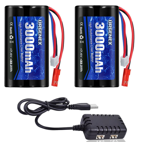 URGENEX 3000mAh 7.4 V Li-ion Battery with JST Plug 2S Rechargeable High Capacity RC Battery with 1 to 2 USB Charger Fit for RC Helicopter Car Truck and RC Boats