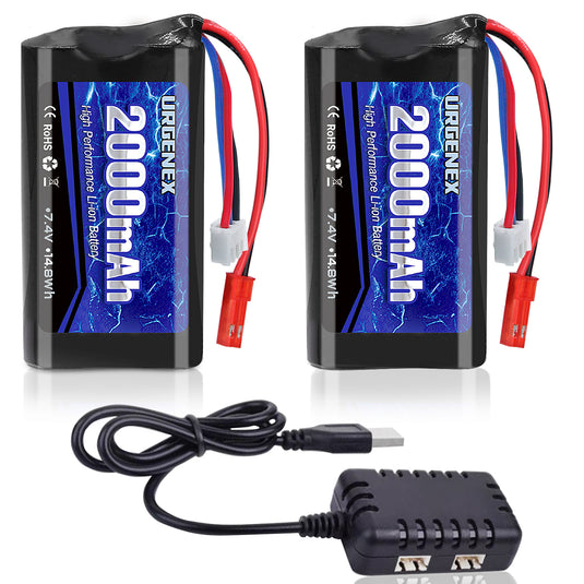 URGENEX 2S RC Battery 2000mAh 7.4 V Li-ion Battery with JST Plug 2S Rechargeable RC Battery with 1 to 2 USB Charger Fit for RC Helicopter Car Truck and RC Boats