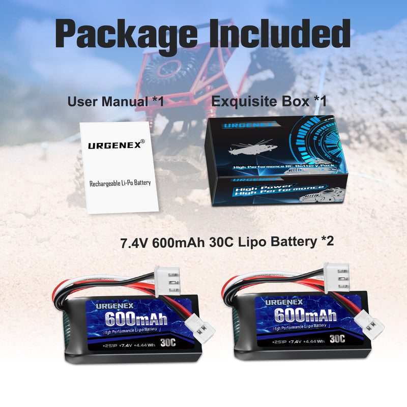 Load image into Gallery viewer, URGENEX FCX24 Battery 7.4V 600mAh 30C Lipo Battery with Molex Plug Fit for FMS FCX24 Atlas RC Car, Truck, Truggy 2S Rechargeable Li-Po Battery 2 Pack
