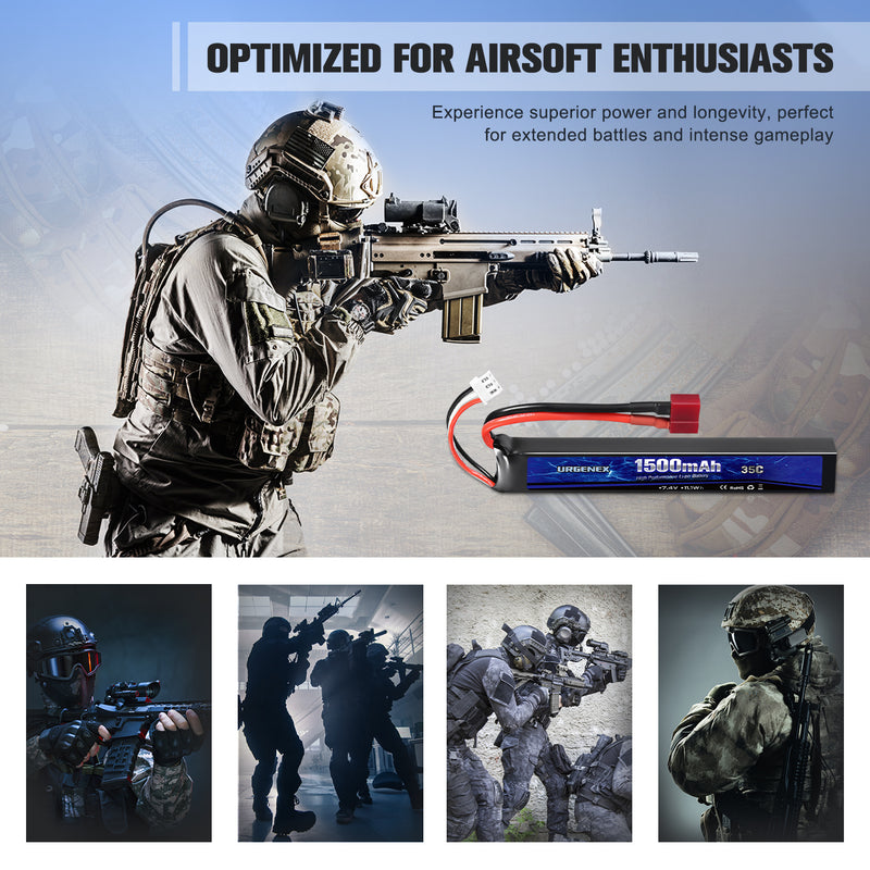Load image into Gallery viewer, URGENEX Airsoft Battery 7.4V 1500mAh 35C High Discharge Rate Lipo Battery Pack with Deans T Plug Rechargeable 2S Lipo Battery for Airsoft Model Guns
