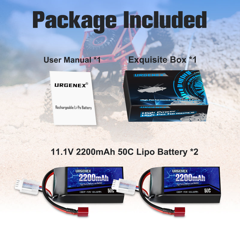 Load image into Gallery viewer, URGENEX 3S Lipo Battery 2200mAh 11.1V 50C High Discharge Rate RC Batteries with Deans T Plug Fit for RC Car Truggy, RC Airplane, FPV Drone, UAV Quadcopter, Helicopter and RC Boats Racing Models 2 Pack
