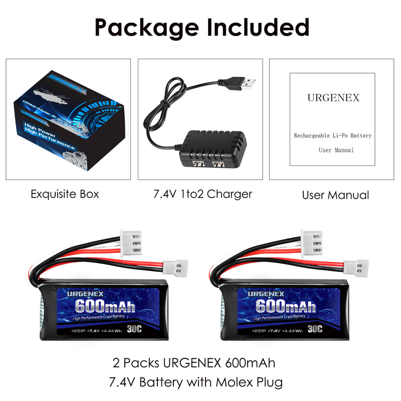Load image into Gallery viewer, URGENEX FCX24 Battery 7.4V 600mAh 30C Lipo Battery with Molex Plug Fit for FMS FCX24 Atlas RC Car, Truck, Truggy 2S Rechargeable Li-Po Battery 2 Pack with 1 to 2 USB Charger
