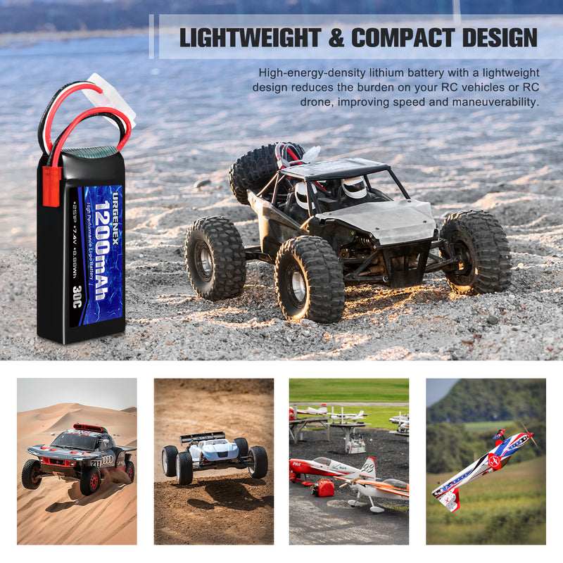 Load image into Gallery viewer, URGENEX 7.4V 1200mAh RC Car Battery, Rechargeable Lipo Battery with JST Plug 1200mAh 30C
