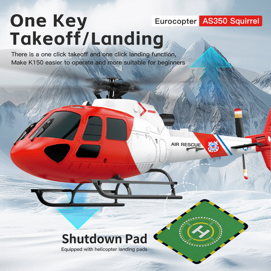 K150 AS350 Squirrel RC Helicopter 4 Channel Flybarless Aileronless Helicopter, One Key Takeoff Landing Beginner RC Helicopter