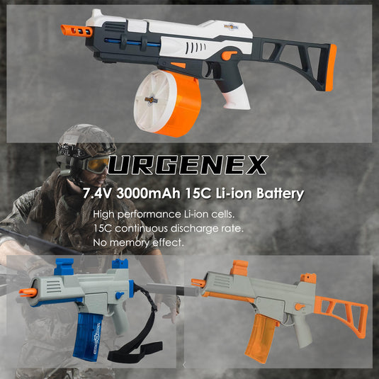 URGENEX Airsoft Battery 7.4V 3000mAh High Capacity Splatter Ball Gun Battery Pack with SM2P Plug and Mini Tamiya Plug Cable Fit for SRB1200, SRB400, SRB400-SUB, MP5K, M4, M110 Airsoft Gun Toy