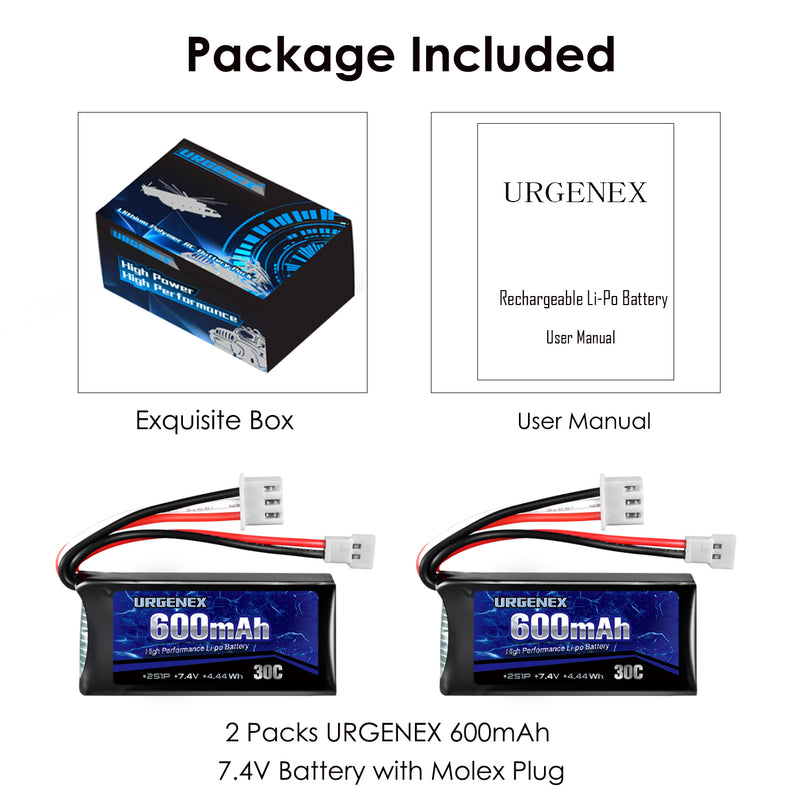 Load image into Gallery viewer, URGENEX FCX24 Battery 7.4V 600mAh 30C Lipo Battery with Molex Plug Fit for FMS FCX24 Atlas RC Car, Truck, Truggy 2S Rechargeable Li-Po Battery 2 Pack
