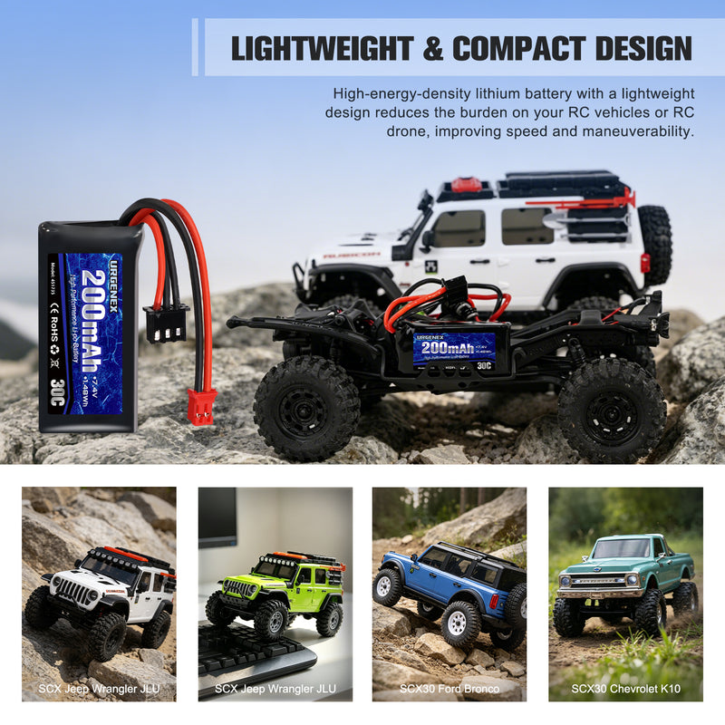 Load image into Gallery viewer, URGENEX 2S 30C 7.4V 200mAh Rechargeable Light Lipo Battery with PH2.0 Plug, Low Internal Efficient Energy Fit for Axial SCX30 Jeep Wrangler JLU, Ford Bronco &amp; Chevrolet K10 RC Crawlers
