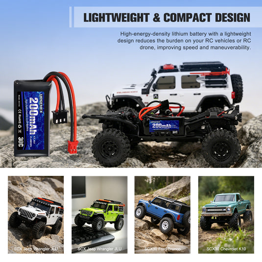 URGENEX 2S 30C 7.4V 200mAh Rechargeable Light Lipo Battery with PH2.0 Plug, Low Internal Efficient Energy Fit for Axial SCX30 Jeep Wrangler JLU, Ford Bronco & Chevrolet K10 RC Crawlers
