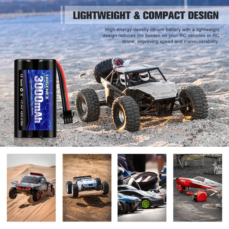 Load image into Gallery viewer, 2S RC Battery 3000mAh 7.4V Li-ion Battery with SM3P Plug 2S Rechargeable RC Battery with 2 USB Chargers Fit for RC Toys RC Car Truck and RC Tank
