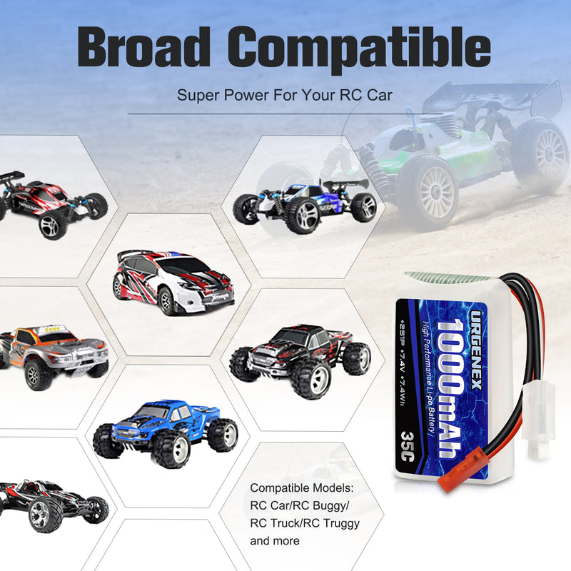 Load image into Gallery viewer, URGENEX 7.4V Lipo Battery 1000mAh 2S Li-Po Battery 35C with JST Plug RC Batteries Fit for WLtoys Rc Cars A949 A959 A969 A979 K929 and Most 1/10, 1/16, 1/18, 1/24 Scale RC Cars Remote Control Cars
