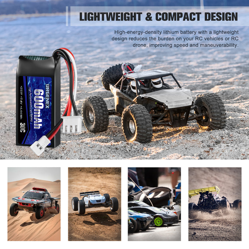 Load image into Gallery viewer, URGENEX FCX24 Battery 7.4V 600mAh 30C Lipo Battery with Molex Plug Fit for FMS FCX24 Atlas RC Car, Truck, Truggy 2S Rechargeable Li-Po Battery 2 Pack with 1 to 2 USB Charger

