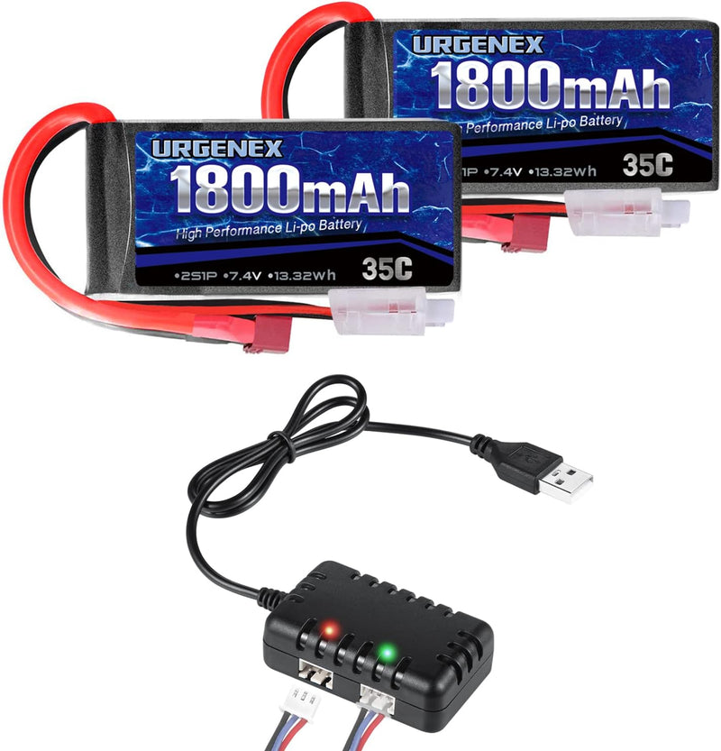 Load image into Gallery viewer, URGENEX 7.4v RC Car Battery1800mah RC Lipo Batteries With Deans T Plug Longer Expected and Full to 8.40v Campatibal With Most 1/10, 1/16 Scale RC Cars Trucks and  1to2 USB Charger
