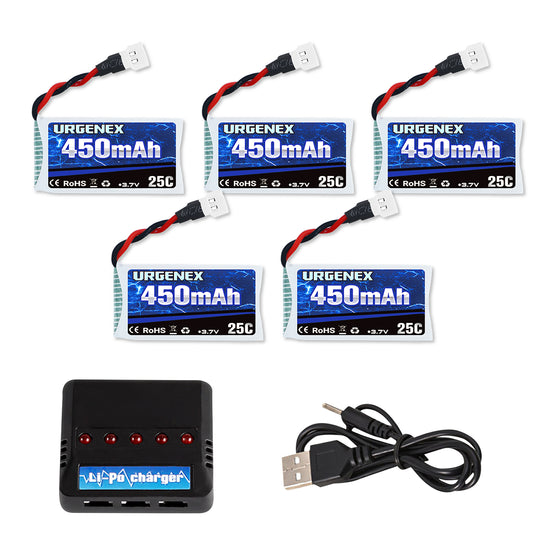 URGENEX 3.7V Drone Battery 450mAh 25C 1S Lipo Battery Fit for SYMA Holy Stone Drone Quadcopter Aircraft Parts 5PCS RC Battery with 5in1 Charger