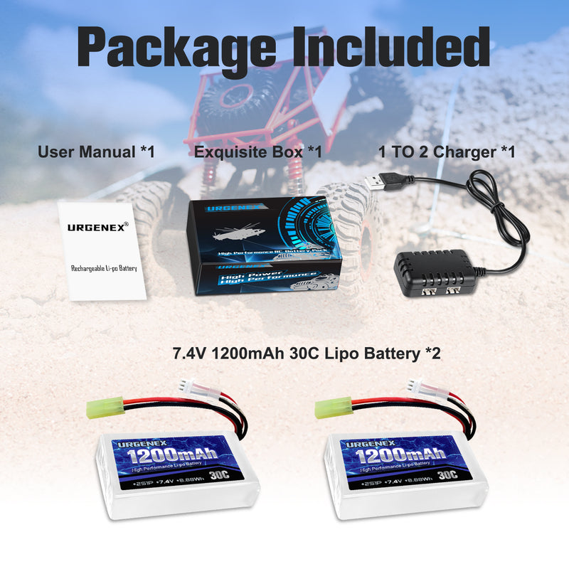 Load image into Gallery viewer, 7.4V Lipo Battery 1200mAh with Mini Tamiya Plug 2S 30C 8.88Wh Rechargeable Lipo Battery Campatibal with DEERC 302E/E300 1/18 Scale 9300 9310 300E RC Car Truck with USB Charger Cable 2 Pack
