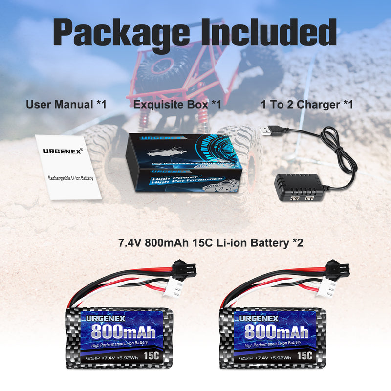 Load image into Gallery viewer, URGENEX 2 Pack 7.4V 800mAh 2S 15C Li-ion Battery  with 7.4V USB Chargers (Double Port)
