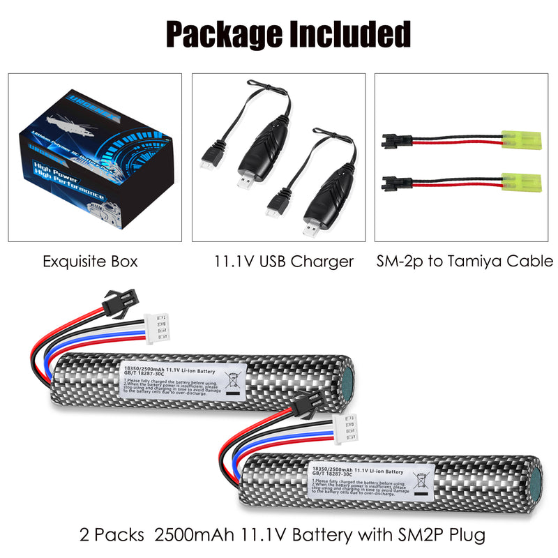 Load image into Gallery viewer, 11.1V 2500mAh High Capacity Battery Pack with 2PCS Mini Tamiya Connector to SM-2P Plug Cables and 2PCS 11.1V Battery Charger
