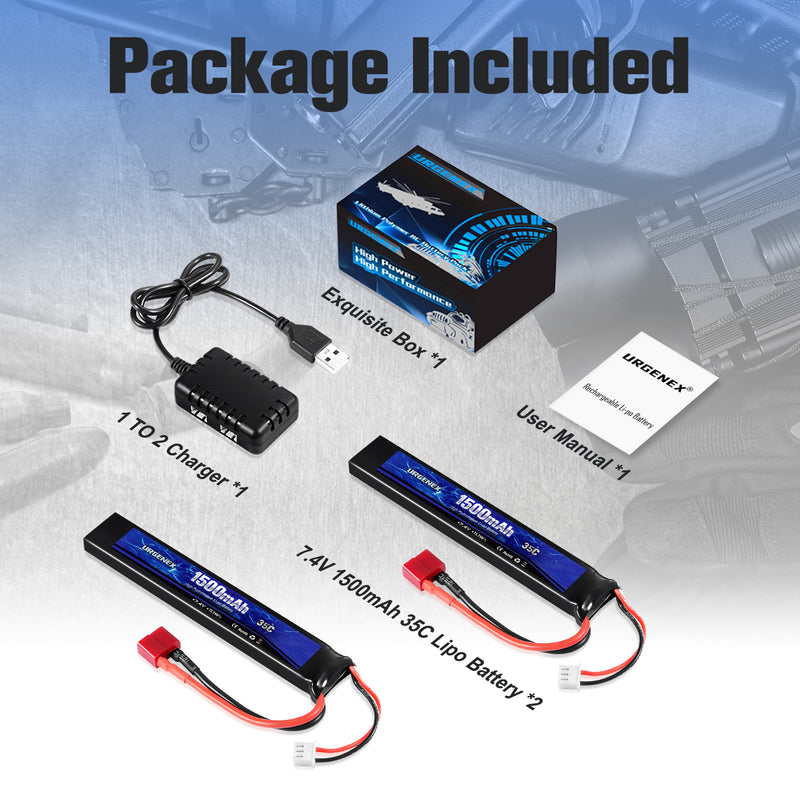 Load image into Gallery viewer, URGENEX Airsoft Battery 7.4V 1500mAh 35C High Discharge Rate Lipo Battery Pack with Deans T Plug Rechargeable 2S Lipo Battery for Airsoft Model Guns
