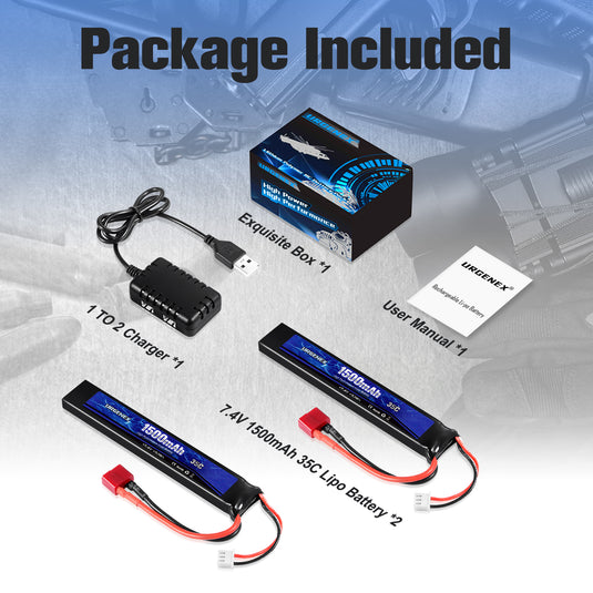 URGENEX Airsoft Battery 7.4V 1500mAh 35C High Discharge Rate Lipo Battery Pack with Deans T Plug Rechargeable 2S Lipo Battery for Airsoft Model Guns