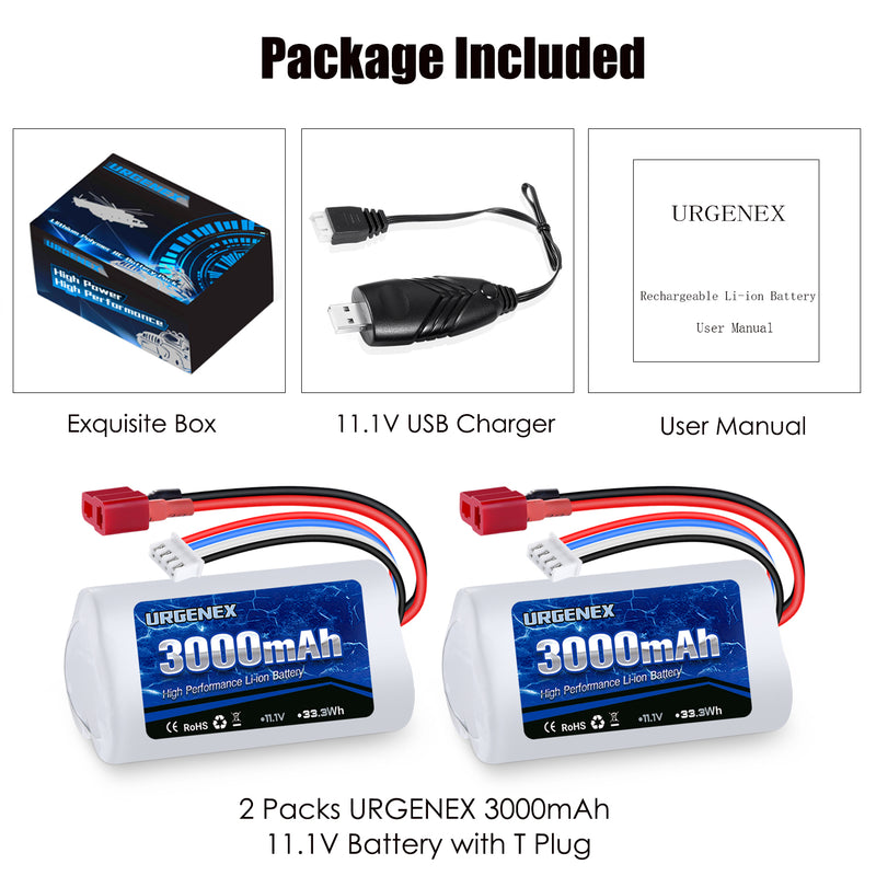 Load image into Gallery viewer, URGENEX 11.1V 3000mAh Li-ion Battery for R608 Brushless RC Boat 15C 3000mAh High Capacity RC Battery with Deans T Plug 33.3Wh 3S RC Boat Battery Fit for DEERC 2104 210E 200E High Speed RC Boats
