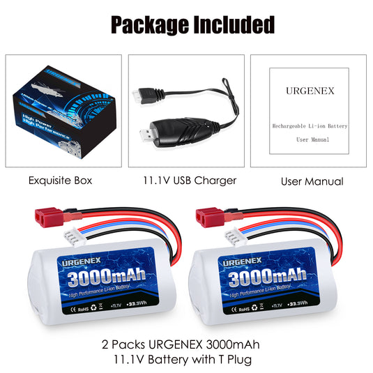 URGENEX 11.1V 3000mAh Li-ion Battery for R608 Brushless RC Boat 15C 3000mAh High Capacity RC Battery with Deans T Plug 33.3Wh 3S RC Boat Battery Fit for DEERC 2104 210E 200E High Speed RC Boats