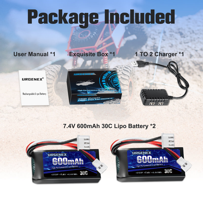 Load image into Gallery viewer, URGENEX FCX24 Battery 7.4V 600mAh 30C Lipo Battery with Molex Plug Fit for FMS FCX24 Atlas RC Car, Truck, Truggy 2S Rechargeable Li-Po Battery 2 Pack with 1 to 2 USB Charger
