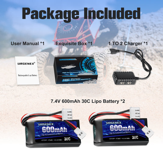 URGENEX FCX24 Battery 7.4V 600mAh 30C Lipo Battery with Molex Plug Fit for FMS FCX24 Atlas RC Car, Truck, Truggy 2S Rechargeable Li-Po Battery 2 Pack with 1 to 2 USB Charger