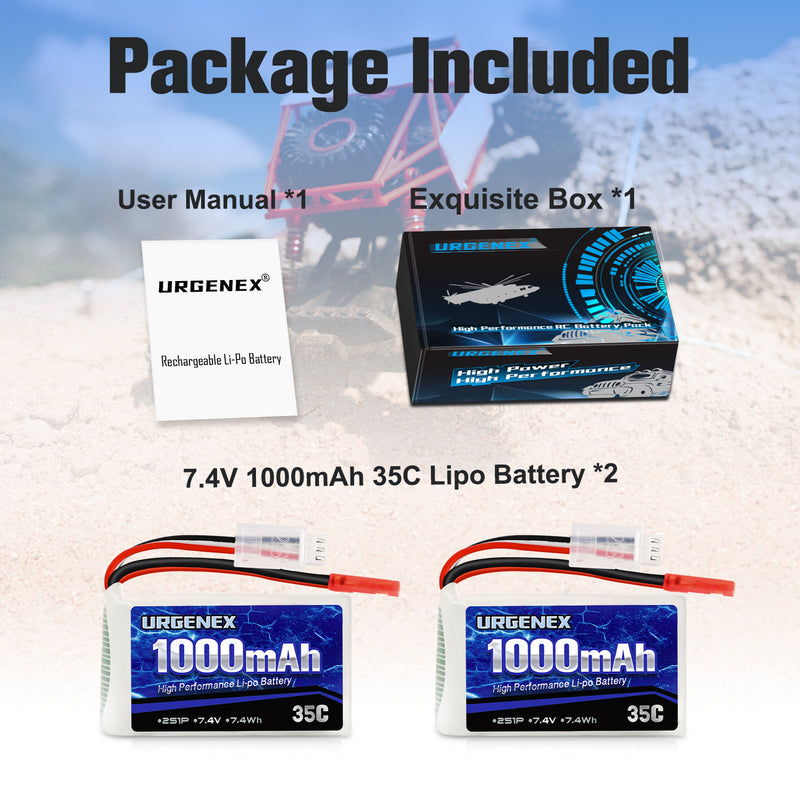 Load image into Gallery viewer, URGENEX 7.4V Lipo Battery 1000mAh 2S Li-Po Battery 35C with JST Plug RC Batteries Fit for WLtoys Rc Cars A949 A959 A969 A979 K929 and Most 1/10, 1/16, 1/18, 1/24 Scale RC Cars Remote Control Cars
