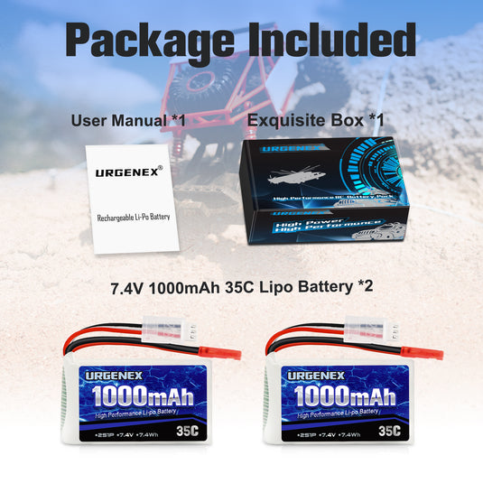 URGENEX 7.4V Lipo Battery 1000mAh 2S Li-Po Battery 35C with JST Plug RC Batteries Fit for WLtoys Rc Cars A949 A959 A969 A979 K929 and Most 1/10, 1/16, 1/18, 1/24 Scale RC Cars Remote Control Cars