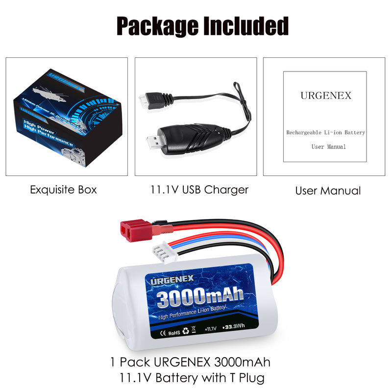 Load image into Gallery viewer, URGENEX 11.1V 3000mAh Li-ion Battery for R608 Brushless RC Boat 15C 3000mAh High Capacity RC Battery with Deans T Plug 33.3Wh 3S RC Boat Battery Fit for DEERC 2104 210E 200E High Speed RC Boats
