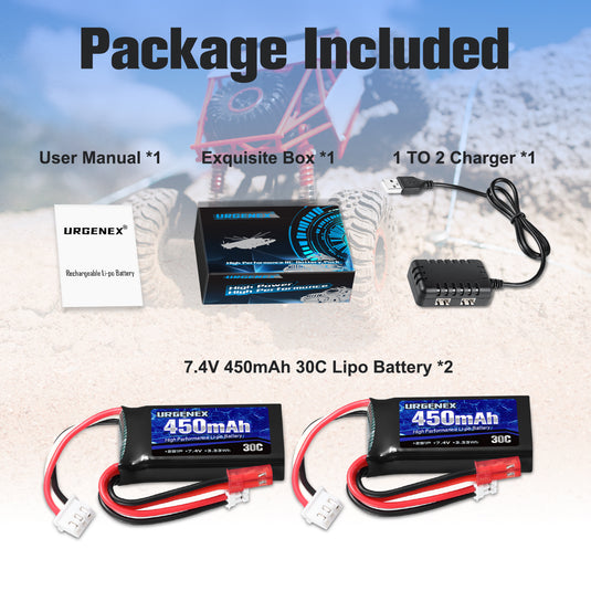 URGENEX 2S 30C 450mAh Rechargeable Lipo Battery with JST & PH2.0 Plug Fit for SCX24 RC Car Truck