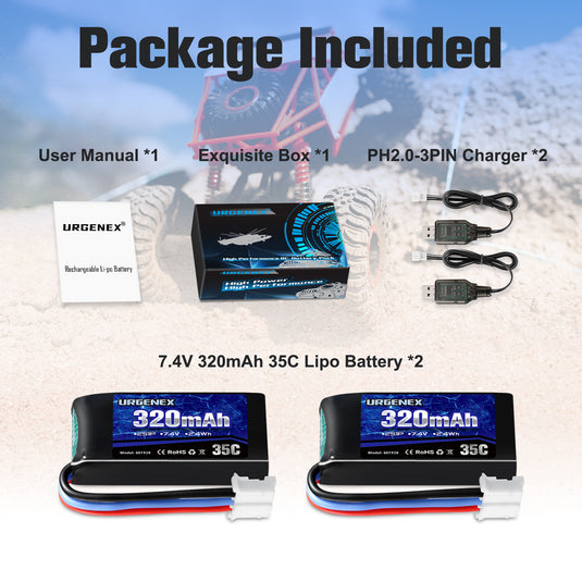 URGENEX 7.4V Lipo Battery 2S 35C 320mAh Rechargeable Lipo Battery PH2.0 3PIN Plug with USB Charger Cable Compatible with UMX 2S Airplane
