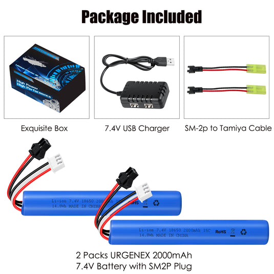 URGENEX Airsoft Battery 7.4V 2000mAh High Capacity Splatter Ball Gun Battery Pack with SM2P Plug and Mini Tamiya Plug Cable Fit for SRB1200, SRB400, SRB400-SUB, MP5K, M4, M110 Airsoft Gun Toy